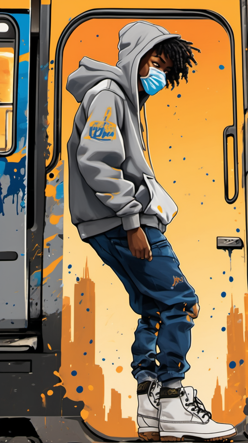  a young, black, teenager, hanging off the side of a subway car, while painting a huge graffiti tag on its side, wearing a grey hoody, a navy blue, baseball cap, a mask, paint spattered jeans, and timberland boots. it's mid afternoon, city skyline a yellow orange sky in the back ground 4kultra, high definition, high resolution,