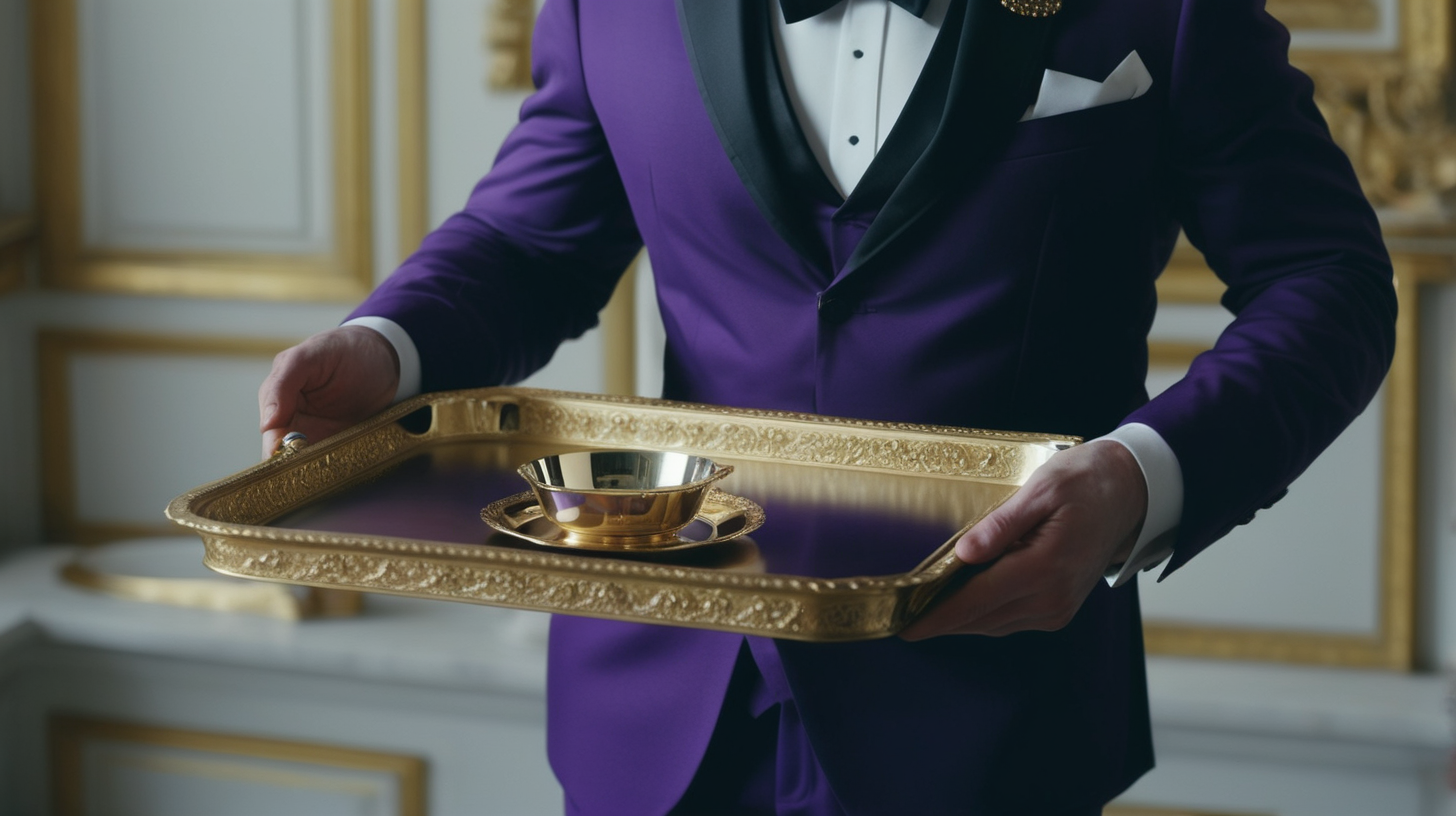 Butler in purple suit holding golden serving tray, in royal castle, close up on hands wearing rings