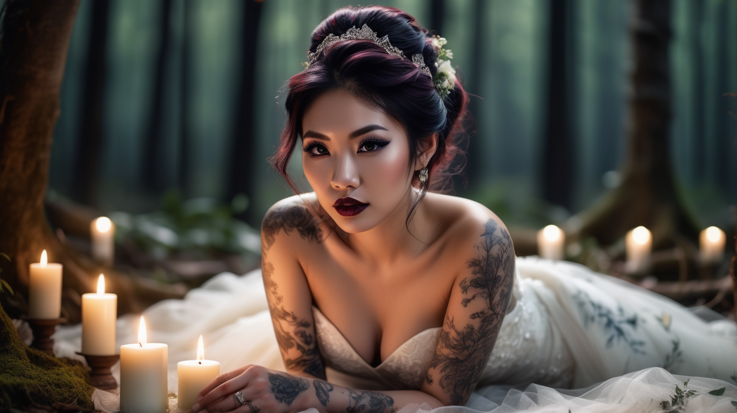 Beautiful Vietnamese woman, body tattoos, dark eye shadow, dark lipstick, hair in a messy updo, wearing a gorgeous wedding dress, bokeh background, soft light on face,laying on her stomach with knees bent in front of elaborate candlelit forest wedding, photorealistic, very high detail, extra wide photo