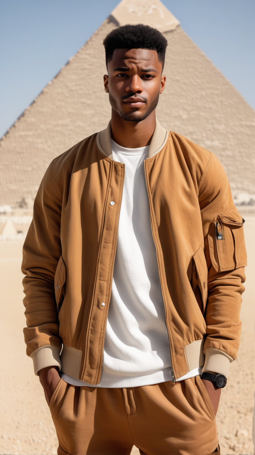 A handsome, young, African American man, wearing short, black hair, wearing a Camel Tan, cut and sew, bomber jacket, standing against the Pyramids of Ghiza, background, Facing  the camera, wearing a light, pine colored, linen, dress shirt, wearing a white tee-shirt, wearing Taupe Brown, Corduroy joggers, lighting is over the right shoulder, from behind, pointing down, ultra 4k, render, high definition, light shadowing