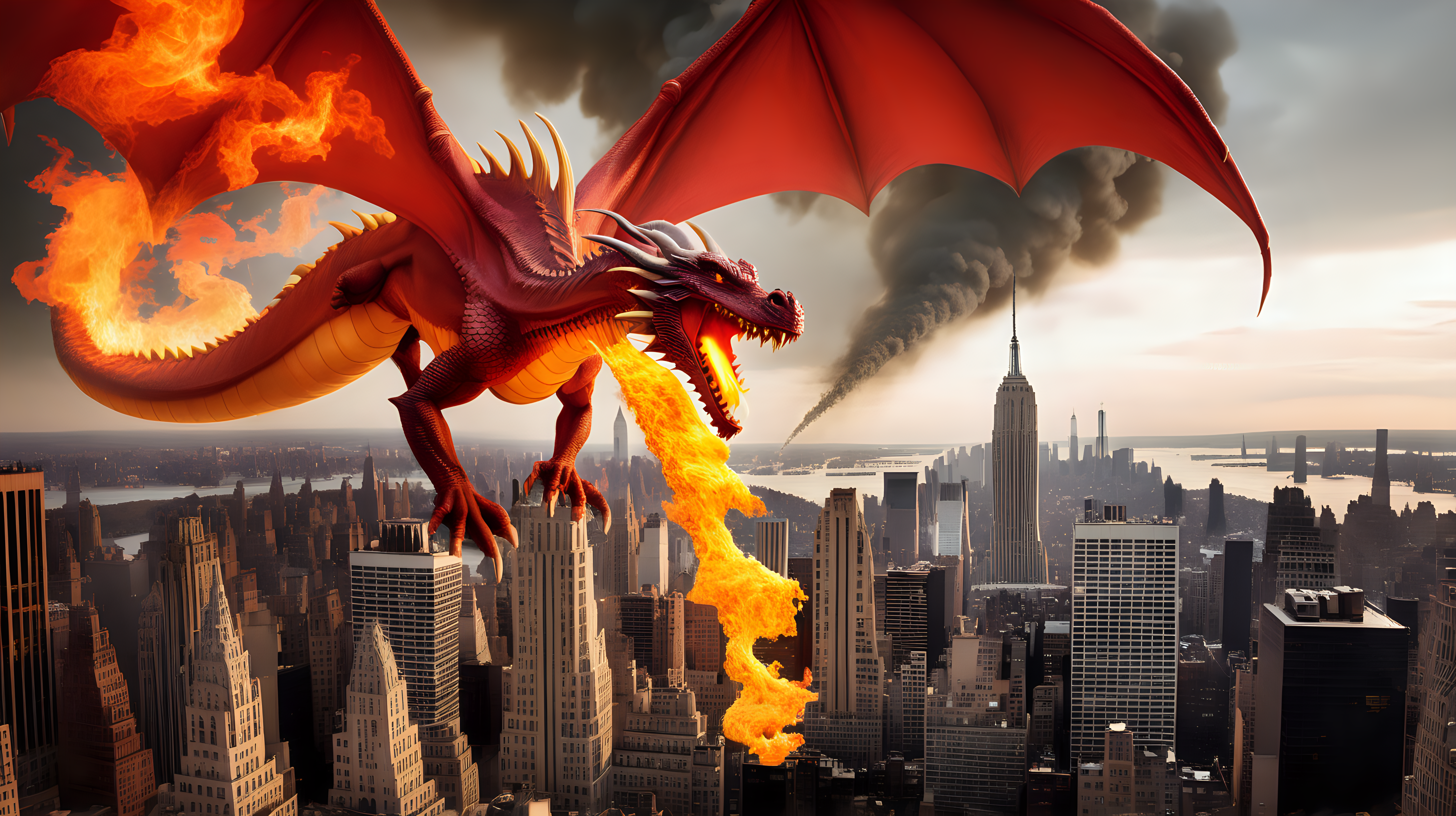 fire breathing dragon destroying NYC