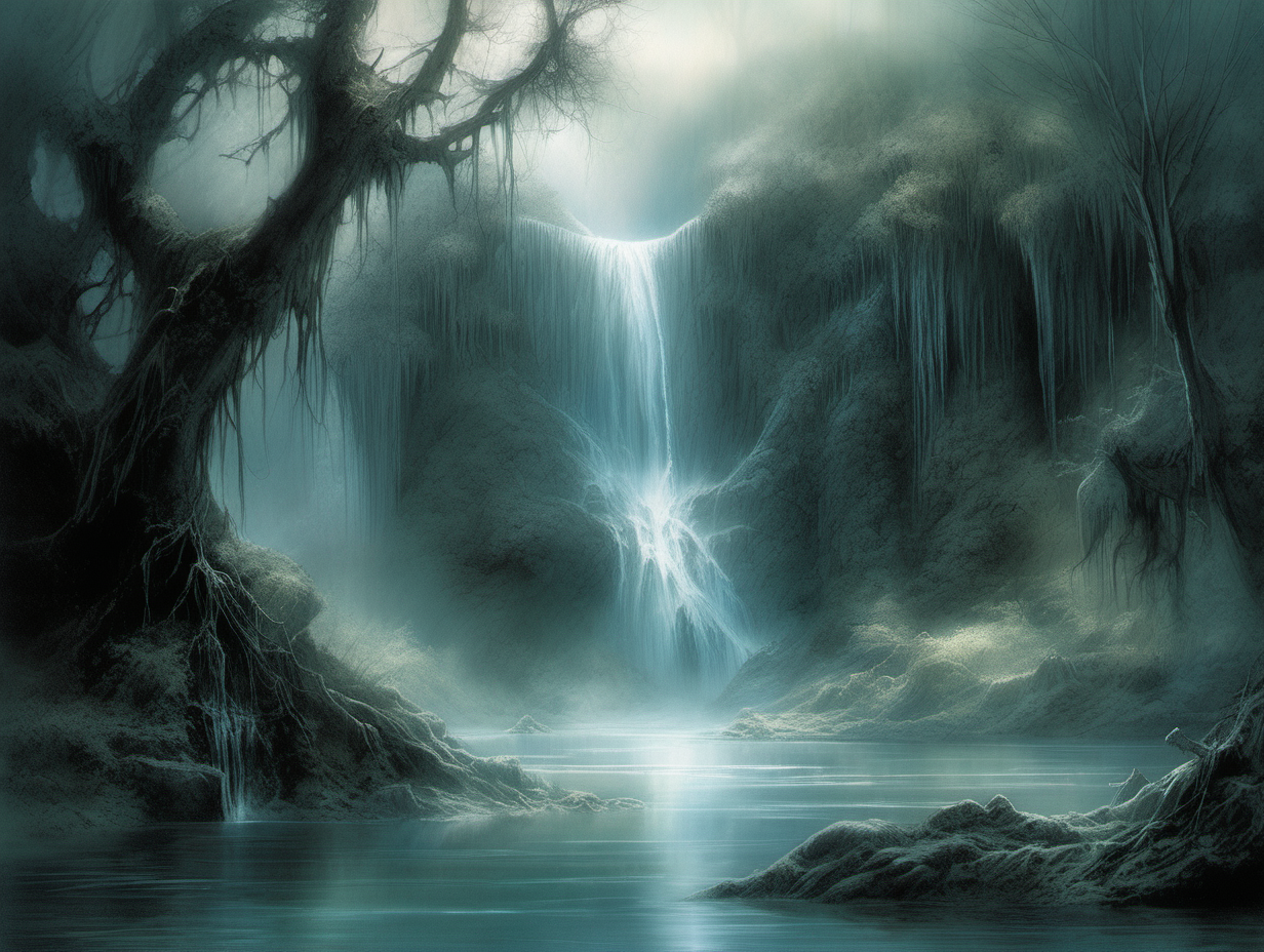 genera una ilustración de fantasía, estilo Luis Royo, de una cascada sobre una laguna en medio de un bosque de fantasía, luz etérea y fría




