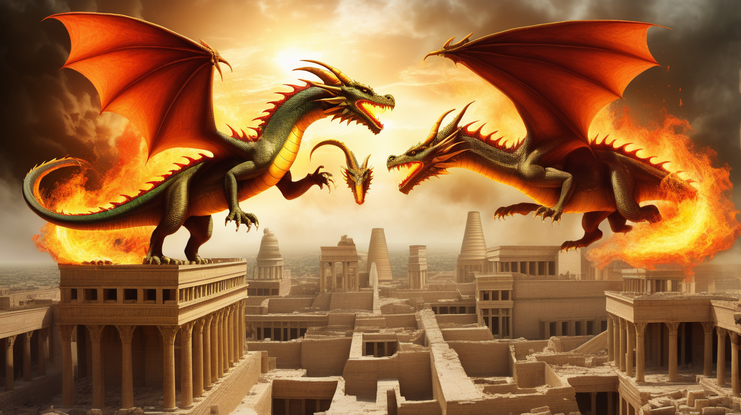 Fire breathing dragons hovering over ancient Babylon in ruins