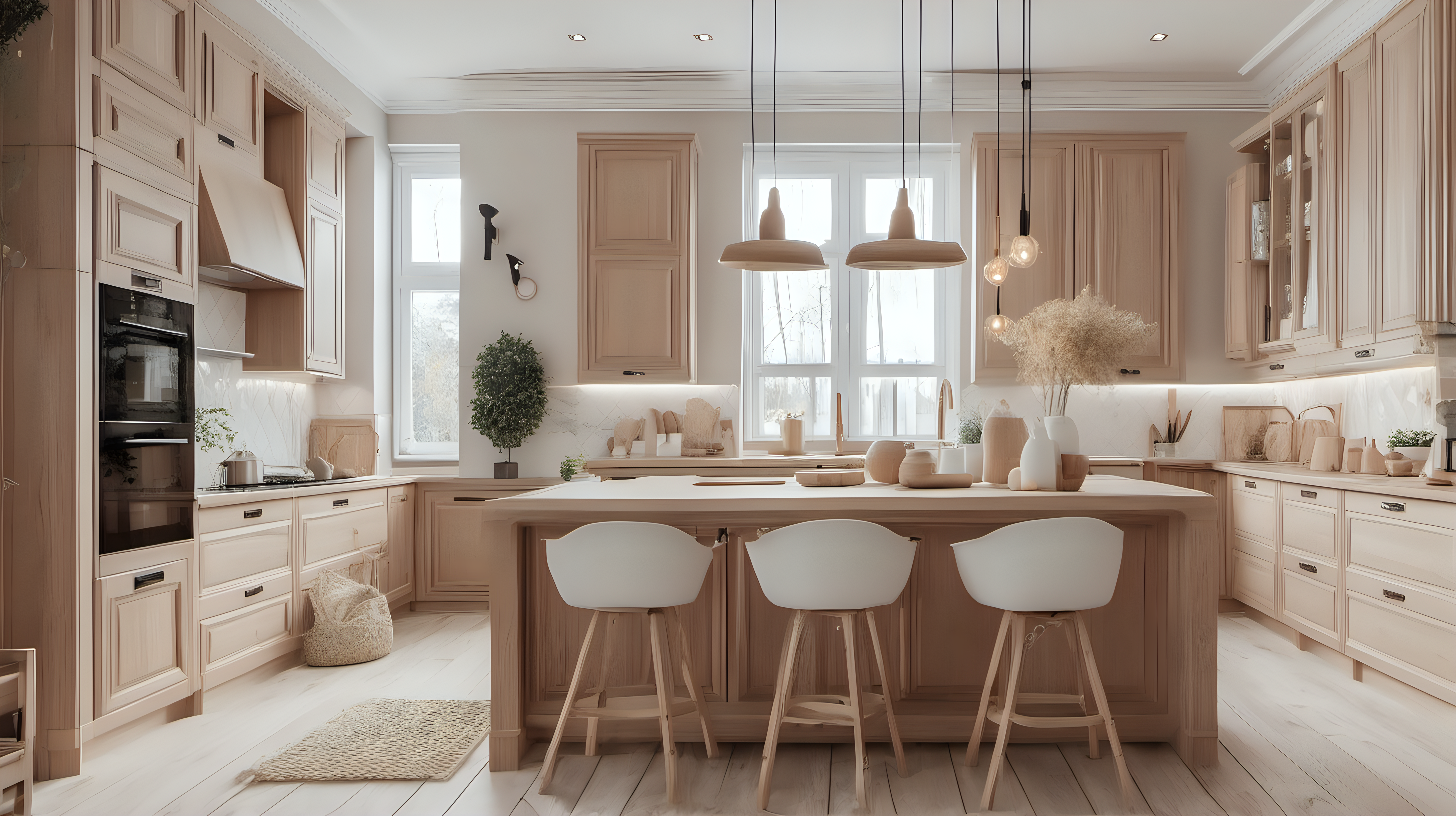 cozy Interior big kitchen with beige and white