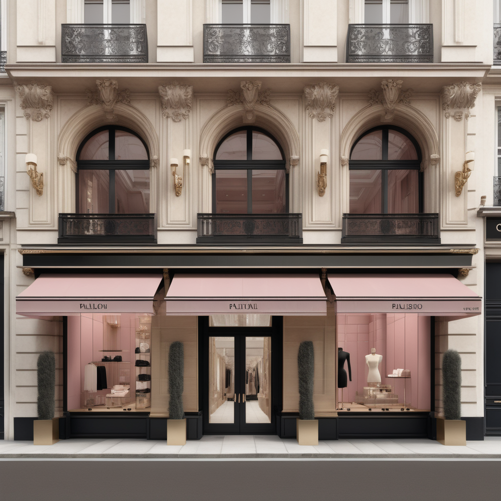 A hyperrealistic image of a palatial modern Parisian boutique viewed from the street in a beige oak brass colour palette with accents of black and dusty rose, 
