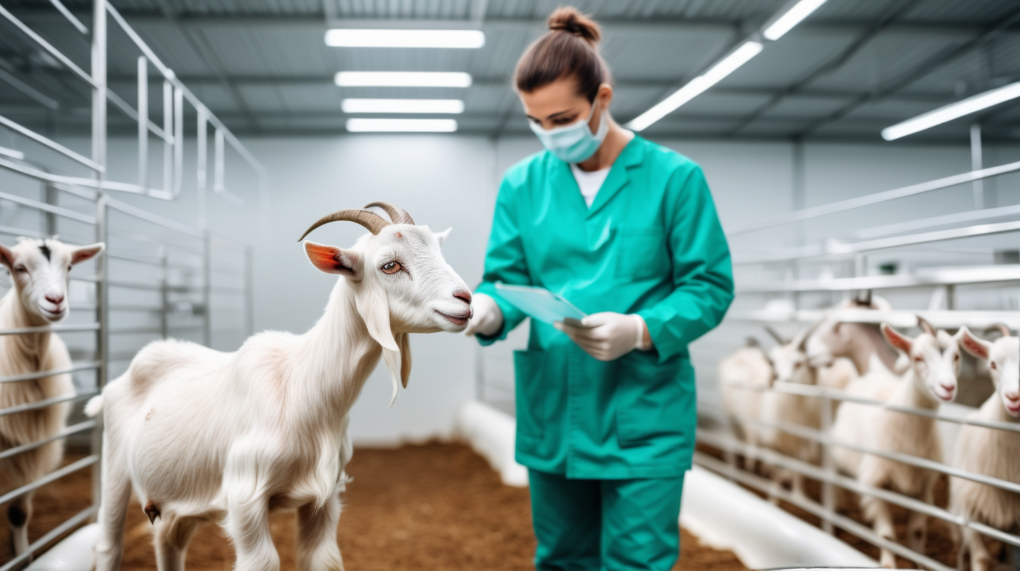 young goat with veterinarian in indoor modern farm