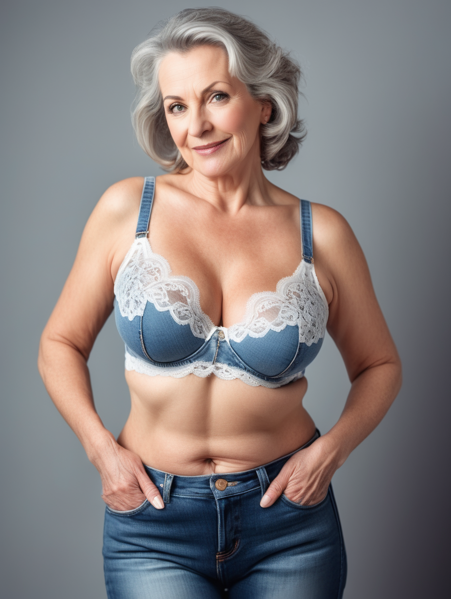 Mature woman in tight jeans with lacy bra