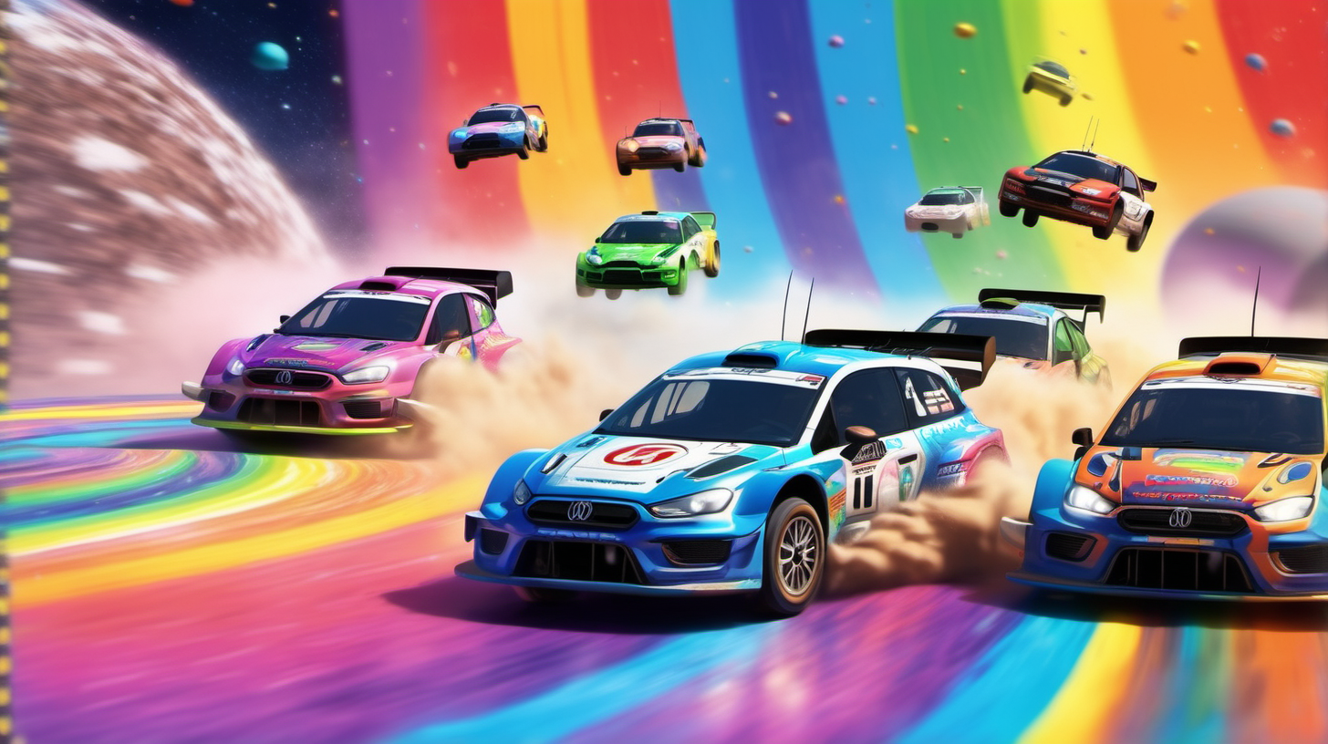 rally cars racing on a rainbow road in