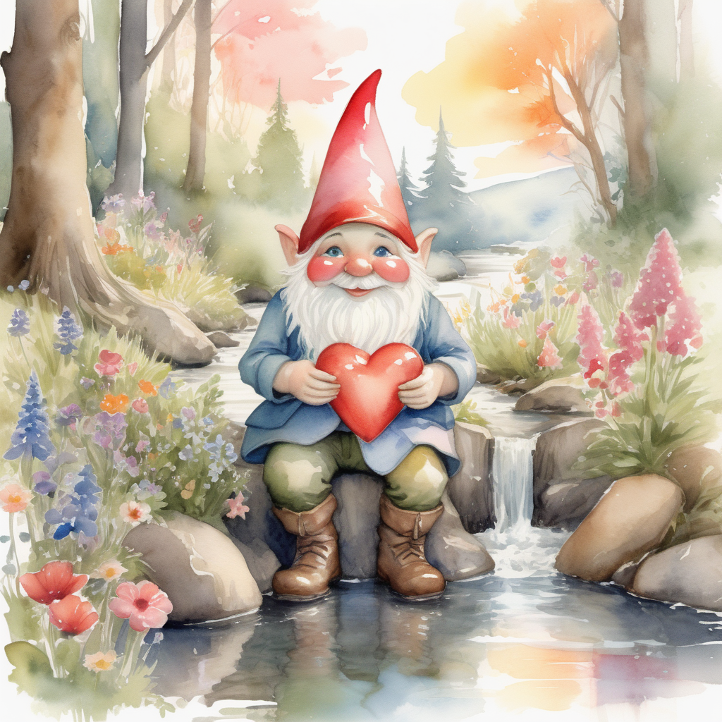 envision prompt A watercolor gnome immersed in a
