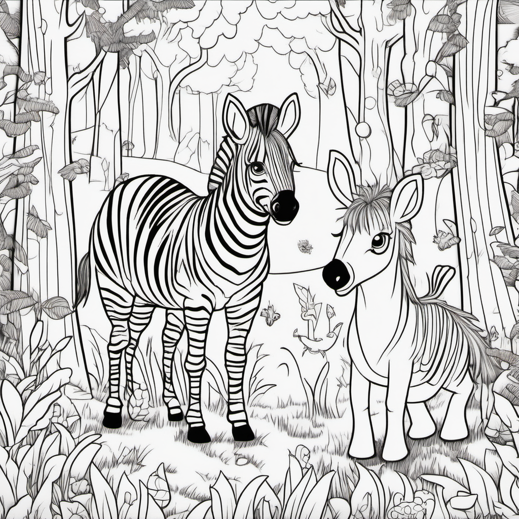   /imagine colouring page for kids, Zebra Magic Forest fairies and woodland creatures, cartoon style, thick lines, low details, no shading --ar 9:11