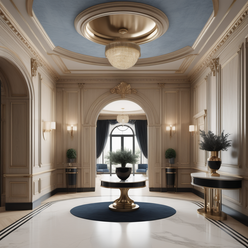 A hyperrealistic image of a luxurious, grand  modern Parisian entrance foyer in a beige oak brass colour palette with accents of black and muted soft blue, with coffered ceiling, a curved bifurcated staircase 
