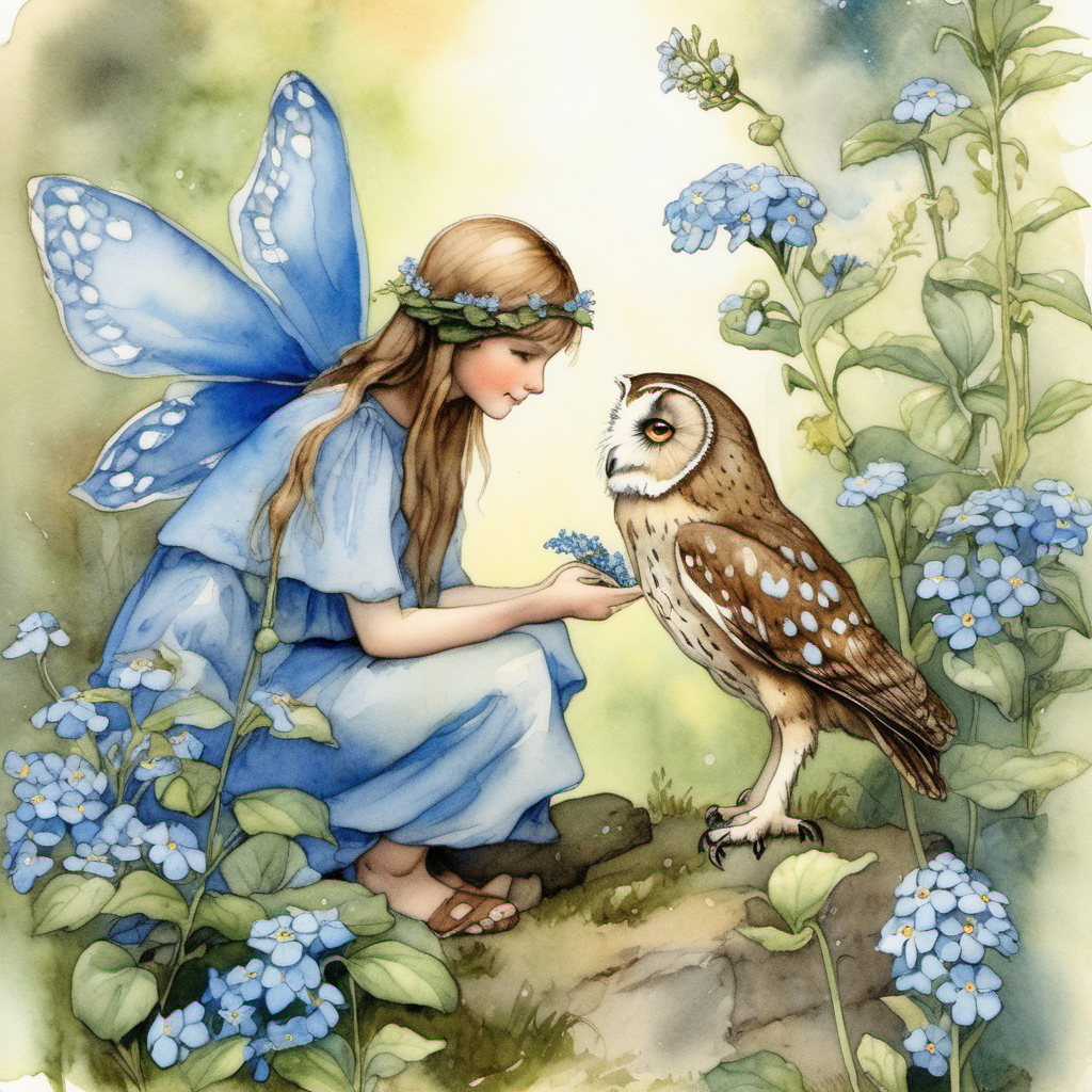 a watercolor forget-me-not flower fairy in the style of Cicely Mary Barker talking to a wise old owl.  They are both surrounded by forget-me-nots and greenery. The wise old owl looks very serene and full of wisdom.