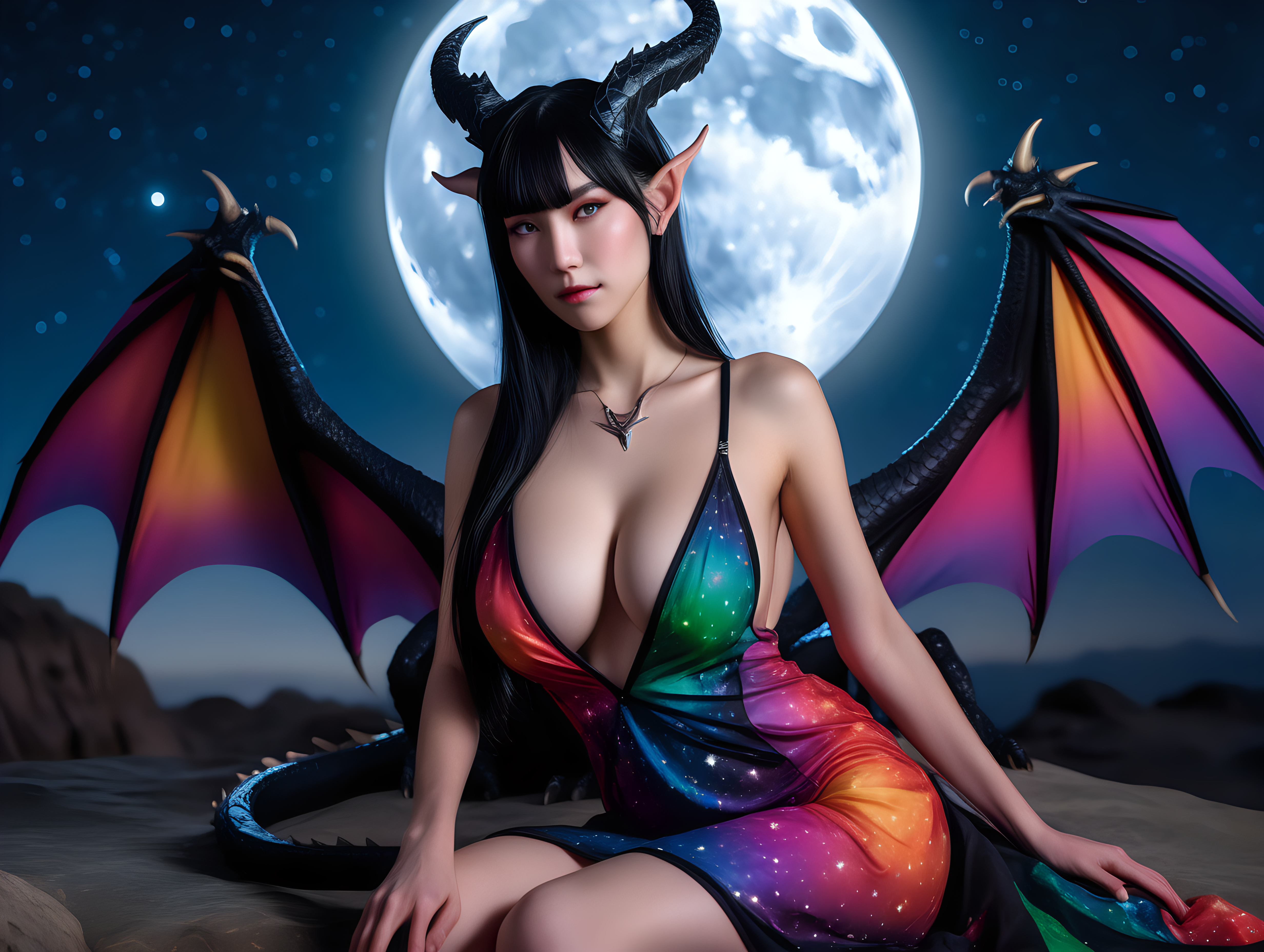 ultra-realistic high resolution and highly detailed close up adult film photoshoot of a slender female human dragon, with sleek pointy black horns gently swept straight backwards over head, draconic markings, with massive breasts, colourful open front loose transparent dress, sitting under a starry sky with the moon in the background, looking at the camera