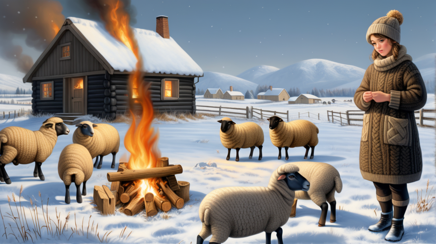 A young peasant woman wearing  a super thick knitted woolen sweater, a knitted hat, thick woolen leggings, high knitted woolen socks,black rubber galoshes. He digs in the fields and clears the snow. Around her there are animals - sheep. Near is the wooden house in front of which a bon fire is burning. Everything is covered in snow. I'ts night.
