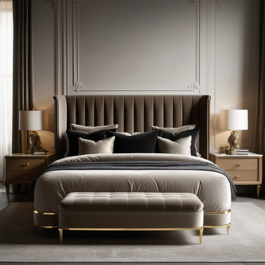 a hyperrealistic image of a velvet modern Parisian  king bed  in taupe , oak and brass 

