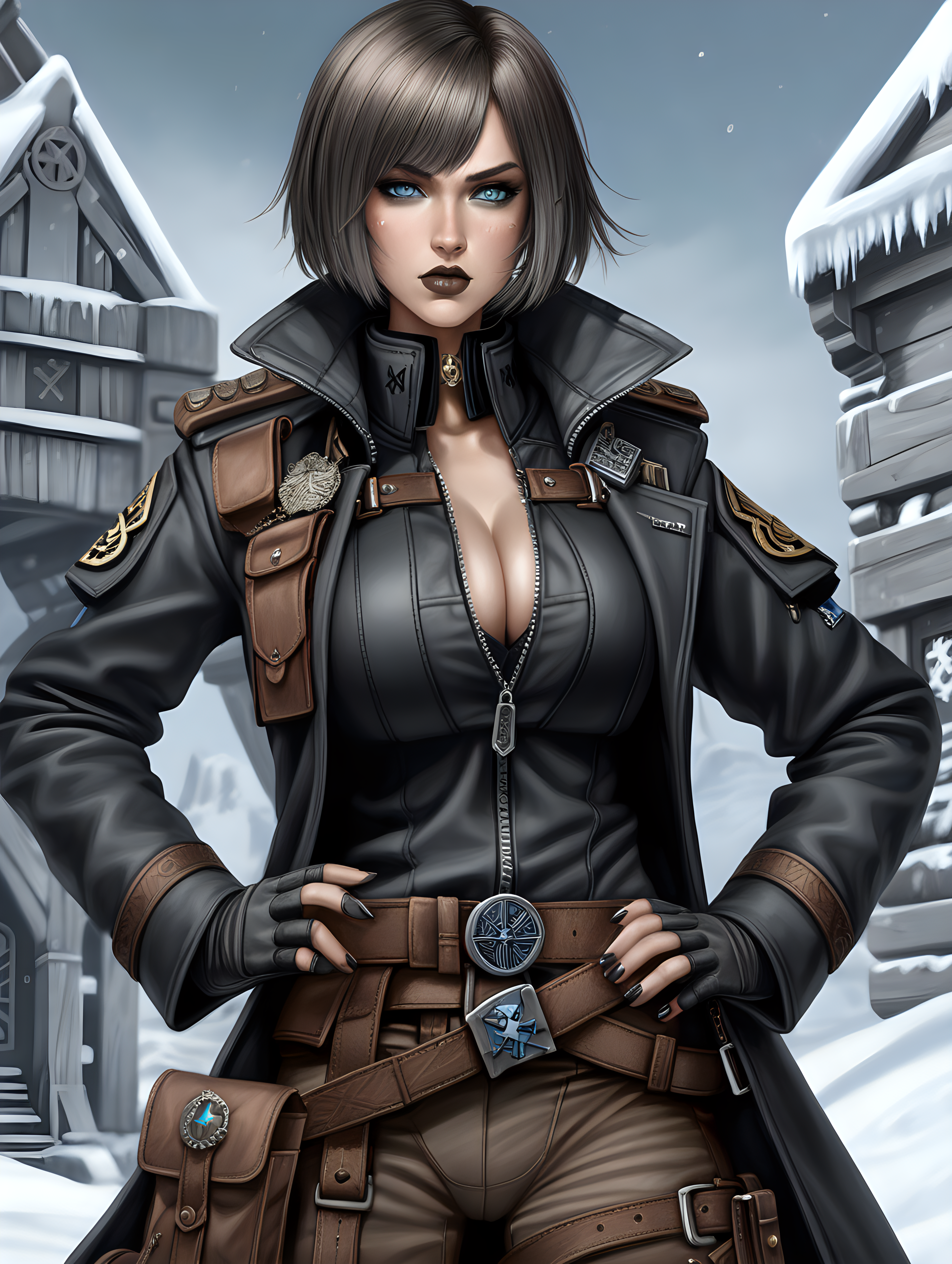 Warhammer 40K young very busty Commissar woman. She has an hourglass shape. She has a very short hair style similar to what Maya, from Borderlands 2, has. Dark black uniform. Dark brown belt has a lot of pouches, grenades, and a black holster attached. Dark brown bandolier around waist. Her dark black uniform jacket fits perfectly and is closed up. She has a lot of eye shadow. Background scene is snowy trench line. She has icy blue eyes. Her uniform has Norse runes. She is wearing warm clothes. Valk nut rune is on collar of her black jacket. She has slightly faded greyish matte lipstick. She has faded brown hair with grey hair tip highlights. She is wearing skin tight mud brown colored pants.