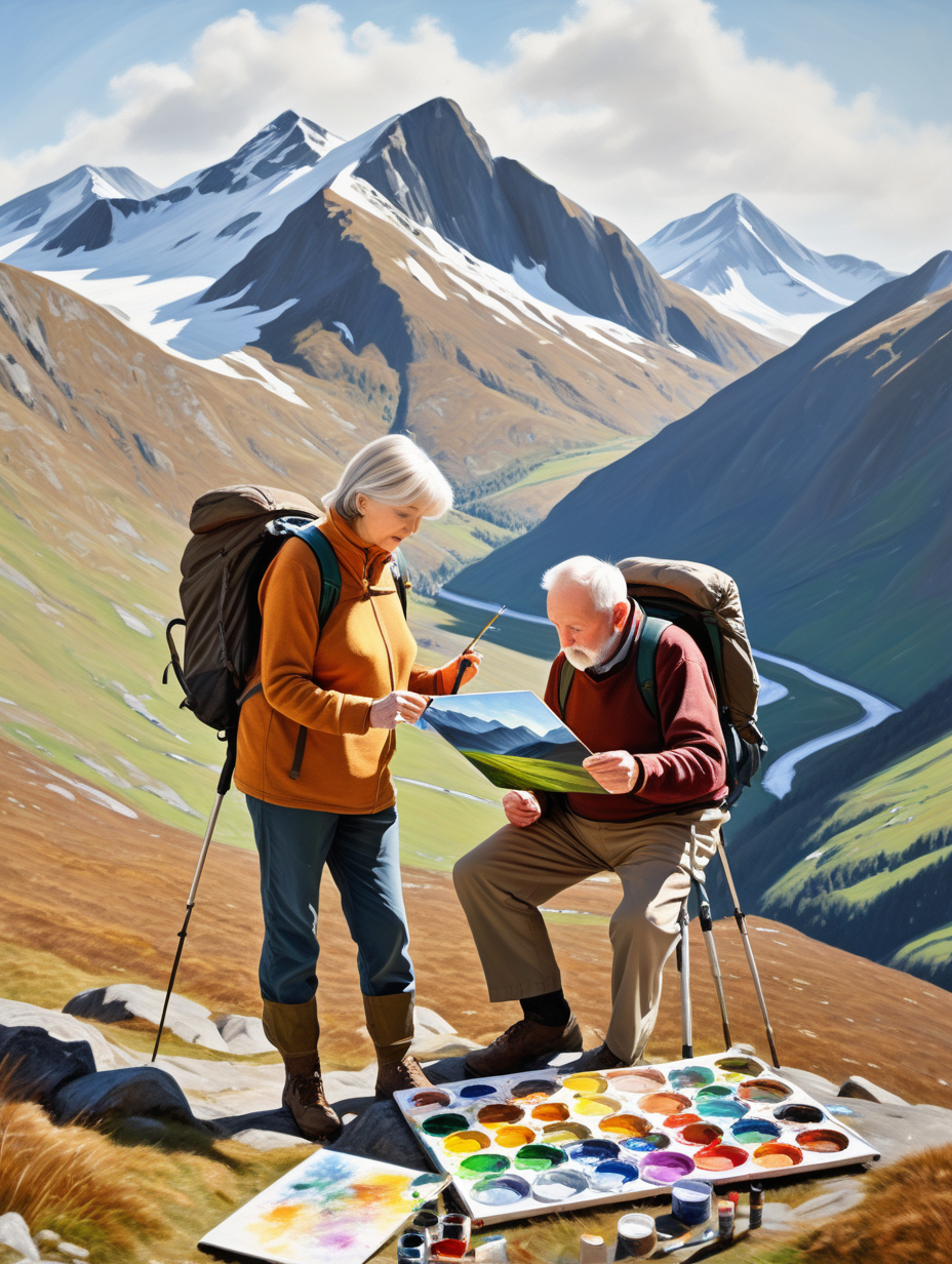 a Caucasian husband and wife in their late 60s, hiking in the mountains, doing an oil painting of an Irish landscape on a large canvas, it is a sunny day. The couple are painting together. The mountains are not snow capped. A few paintbrushes and one small sized paint palette are seen on the ground beside the couple