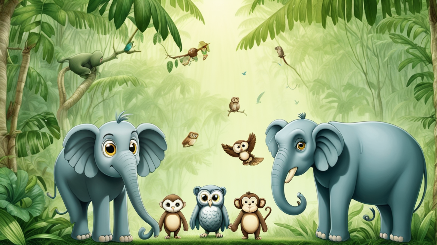 only one monkey one elephant and one owl