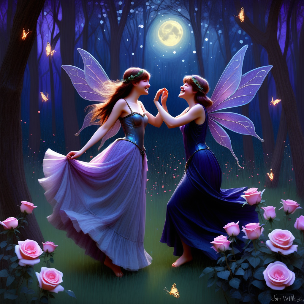 /envision prompt: "Enchanting Fairy Valentines' Dance" portrayed as an oil painting in the style of John William Waterhouse. Fairies, elegantly dressed, dance in a moonlit glade surrounded by blooming roses and twinkling fireflies. The color temperature leans towards romantic purples and deep blues, enhancing the fairy-tale ambiance. Expressions on the fairies range from joyous laughter to affectionate glances, capturing the essence of a magical night. --v 5 --stylize 1000 [1]