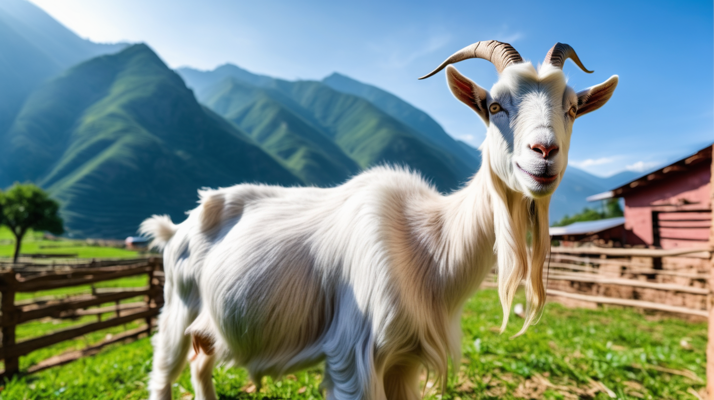 Healty goat in farm, mountain background