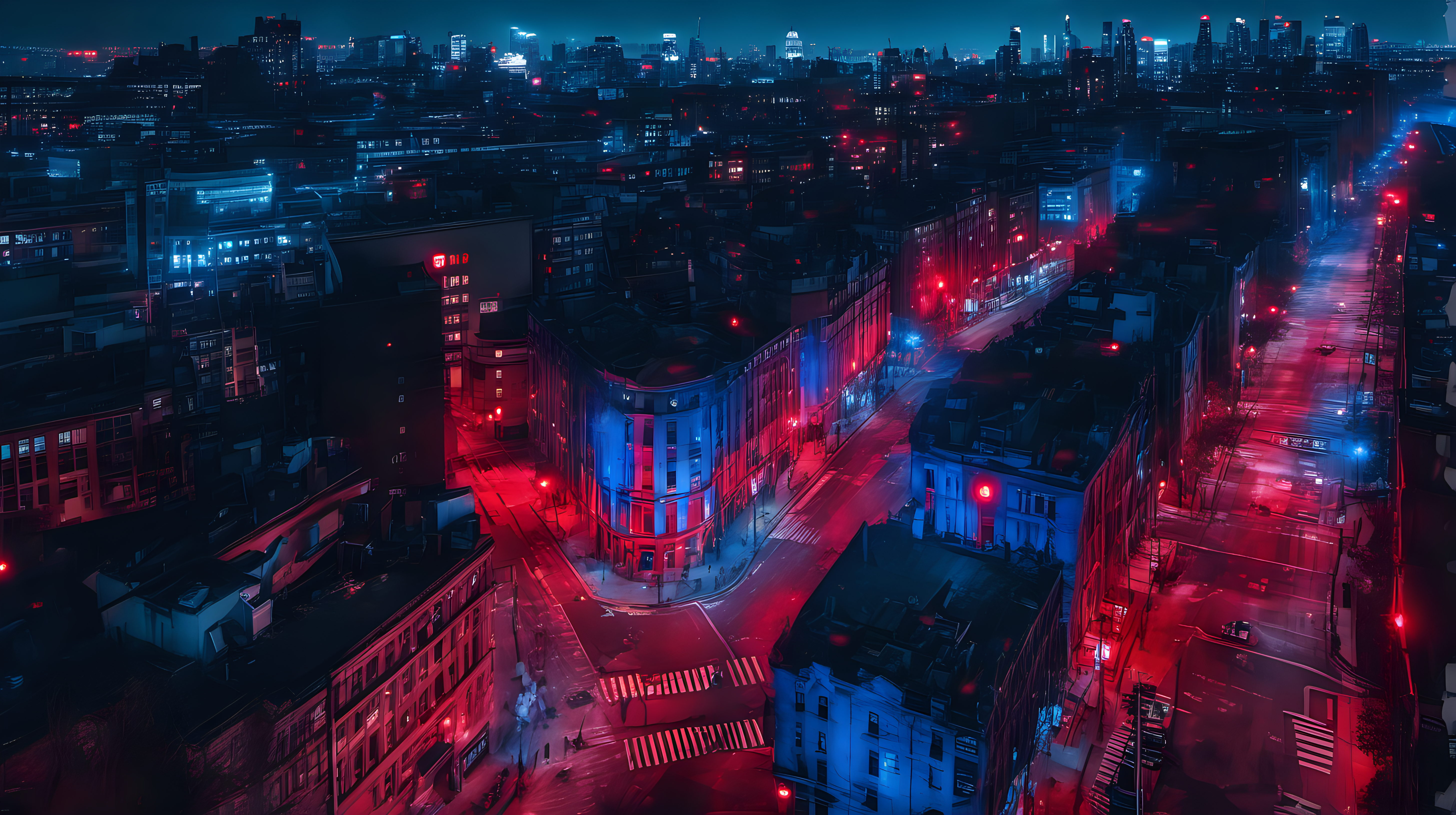 A cityscape backdrop with scattered blue and red