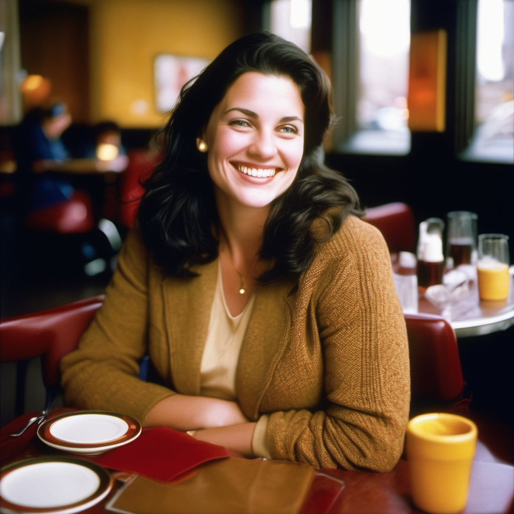 Create a modern clothed brunette expressive smiling woman using kodak gold 400. Put her in a Manhattan resturant. Make her slightly more chubby and colourful. Add more autumn clothing. Make her even more chubby and modern. Add even more wheight on her and make her around 35 years old.