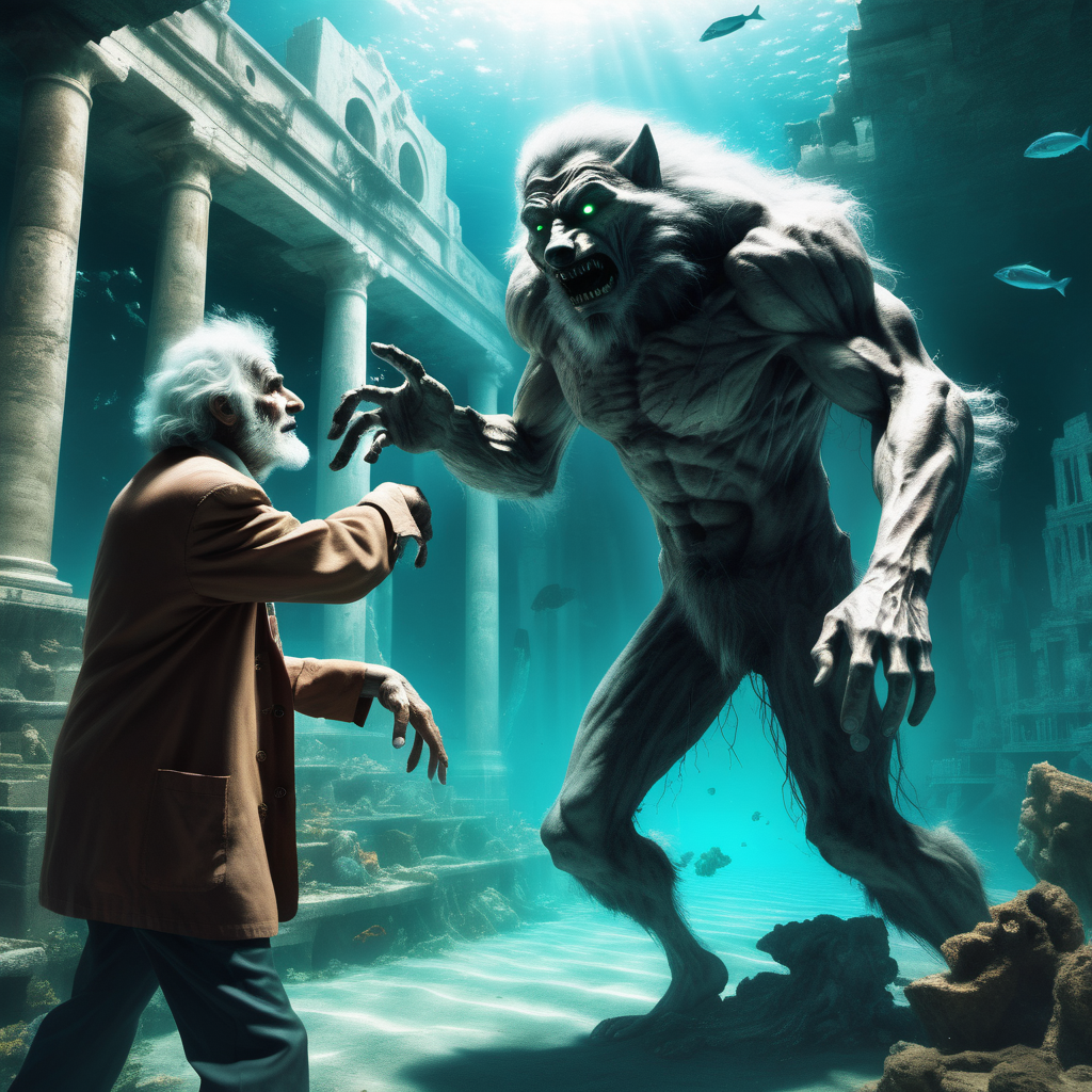  a  Wolfman  reach out  a helping  hand to  a sick lost old man.  In background the deep underwater city's  ruins of Atlantis