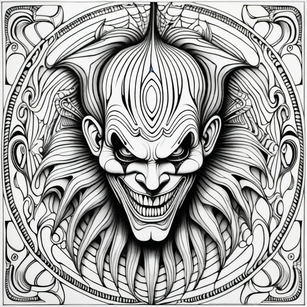 adult coloring page, black & white, strong lines, symmetrical mandala, evil clown in style of H.R Giger