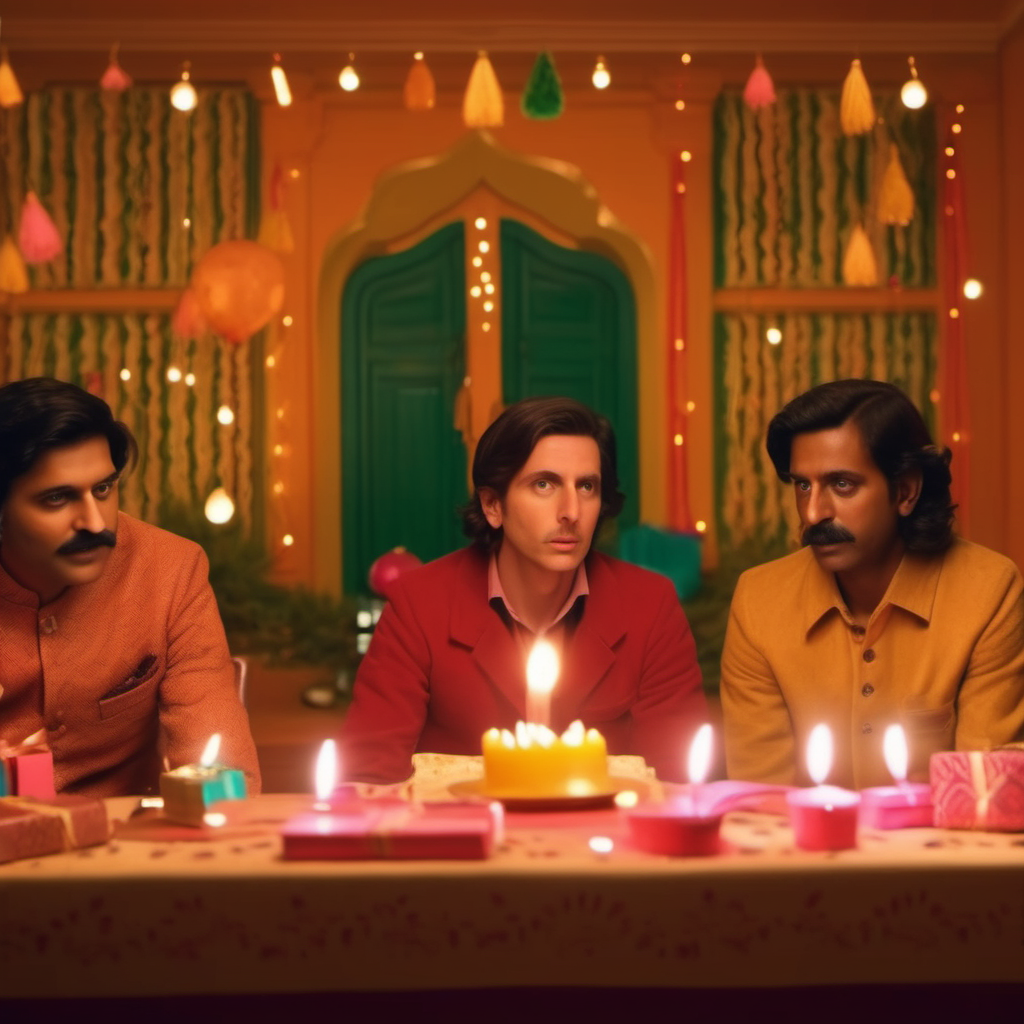 Anticipation of the upcoming festival season with Diwali, Christmas and birthdays full of celebration, Wes Anderson cinematic setting