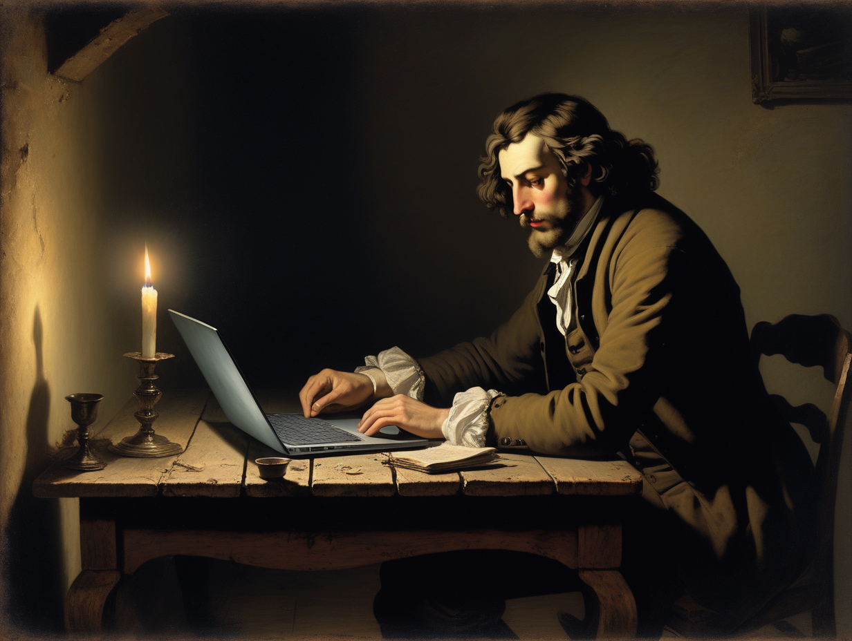 homme regardant un ordinateur portable sur une vieille table, à la lueur d'une bougie, dans une ambiance 1700 , style Gustave Courbet
