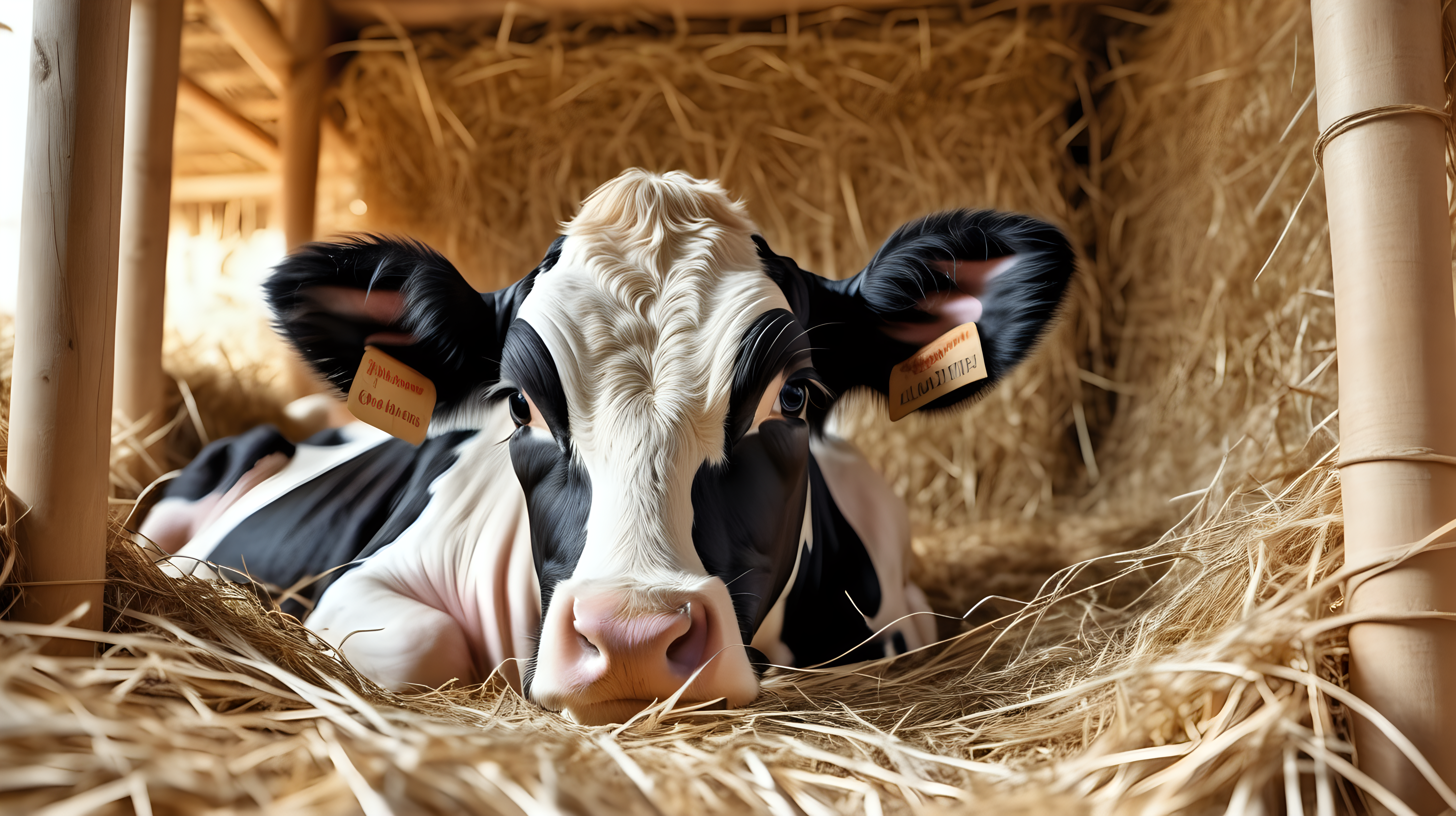 close up of holstein calf in straw, realistic photo