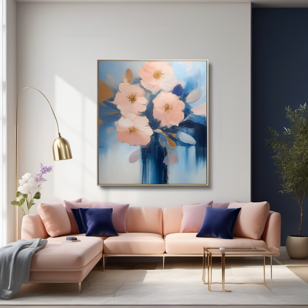 Place the "Tranquil Serenity - A" （5cm in the width and 5cm in the length）painting within a home environment, adjusting its scale while maintaining its proportions. This artwork, alive with azure, navy, and sky blue, touched by peach, lavender, and ivory, brings an abstract vision of a blooming garden. Frame it in gold to accentuate its timeless elegance. Set this canvas in a minimalist, well-lit living space that exemplifies a modern and simplistic ambiance, allowing the painting to infuse the area with its calm and creative spirit.