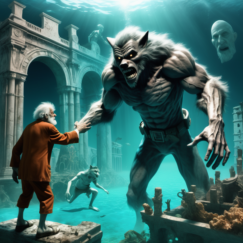  a kind Wolfman  reach out  a helping  hand toward  a sick lost old man.  In background the deep underwater city's  ruins of Atlantis