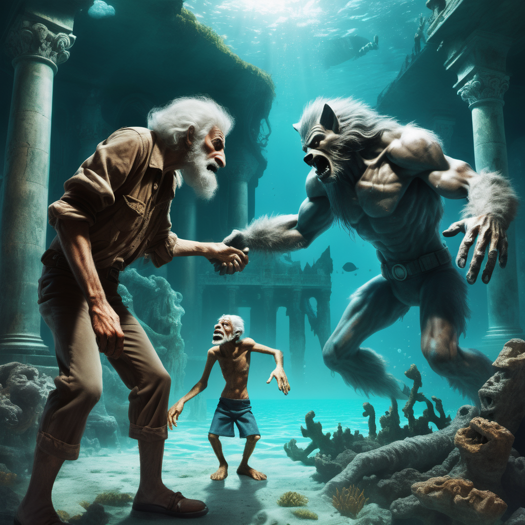  a kind Wolfman  reach out  a helping  hand toward  a sick lost old man.  In background the deep underwater city's  ruins of Atlantis