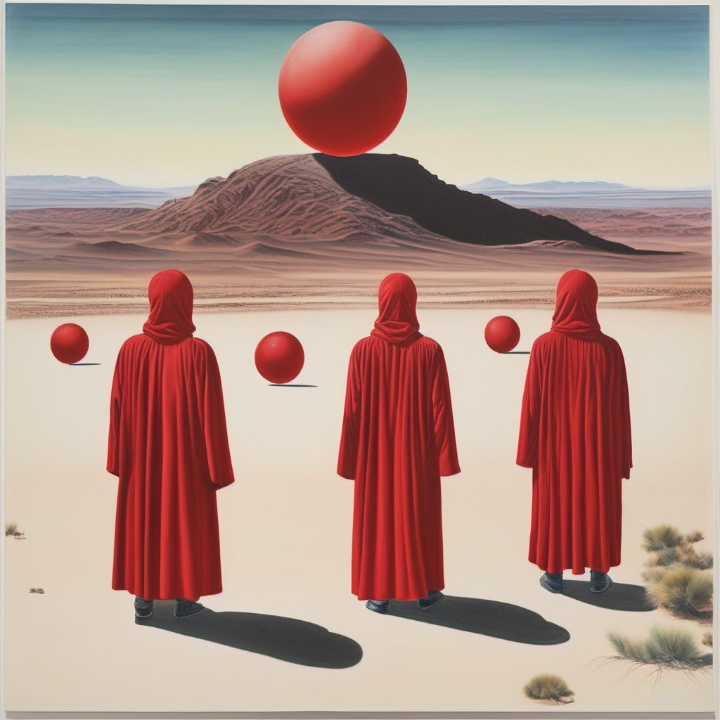 El Ruscha, desert, alien orbs, men with red robes