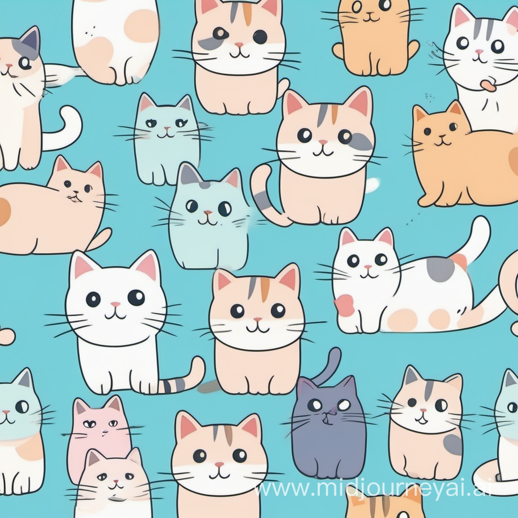 cute kawaii cat characters, pastel colors, repetitive pattern, seamless, illustration, cute, vibrant, light blue background, all-over print, target audience: cat lovers, whimsical