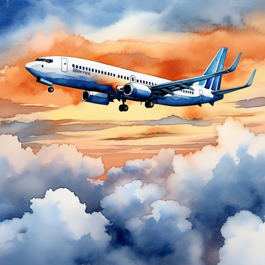 Boeing 737 flying over clouds at sunset with blue and Orange  tones. Watercolor art.