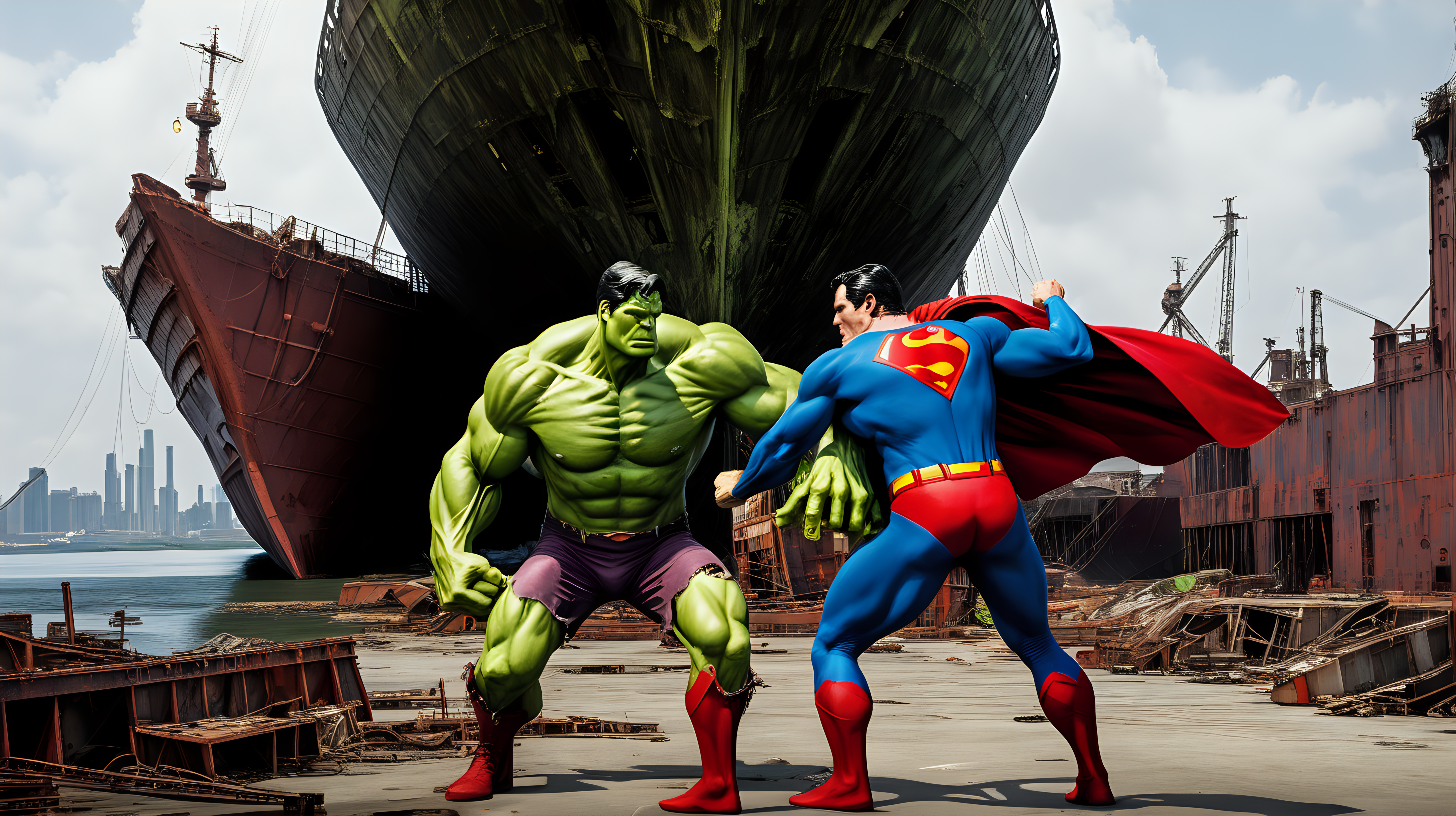 Superman fights the hulk in an abandon shipyard