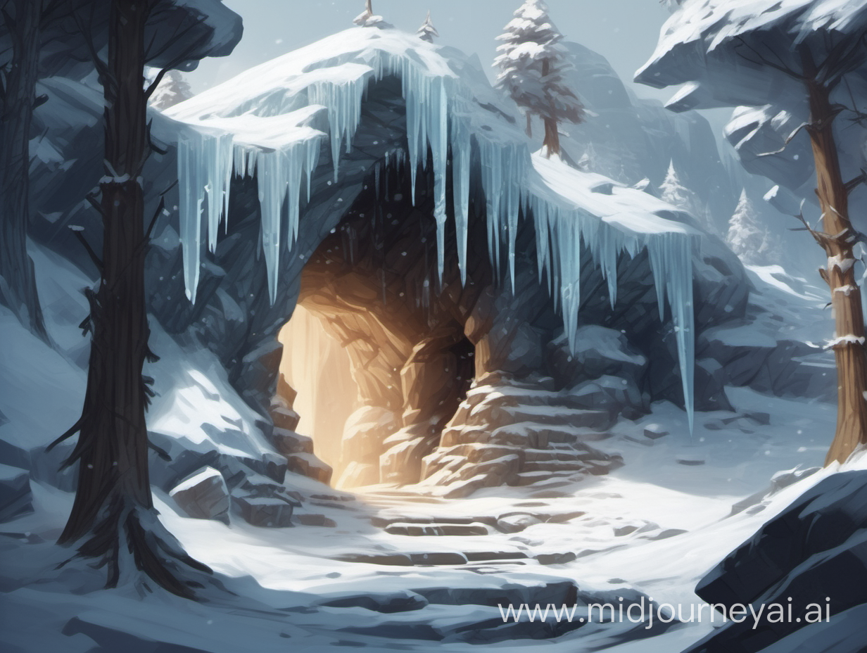 In a Dungeons & Dragons fantasy style. A large cave entrance into a mountain. It is winter so there is snow and icicles are hanging from the roof of the cave entrance. There are pine trees in the landscape