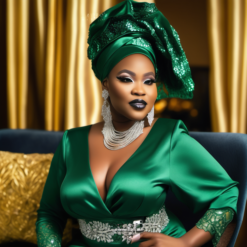 Create an image of a charming curvy Nigerian woman wearing a sumptuous emerald green lace and blouse set intricately adorned with crystal embellishments.The blouse is designed comfortably loose while the iro is expertly tied creating a sophisticated silhouette.Her ensemble is complemented with a coordinating headwrap,elegant silver jewellery, and a green beaded clutch showcasing a harmonious rich colour and texture. Her   face makeup includes very long eye lashes,eye liner,and glittering earrings.The background should be in a modern parlour with gold curtains and chairs. 