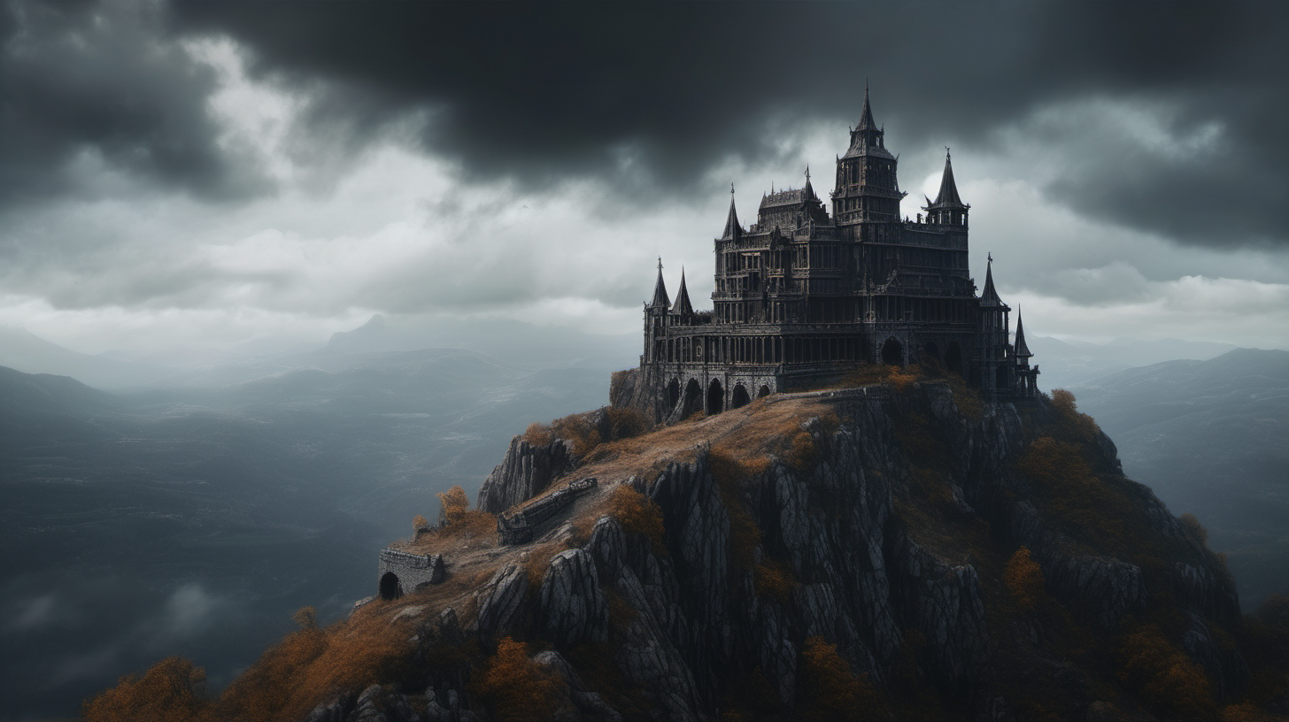An ancient dark castle on a mountaintop in the midground against a cloudy sky.