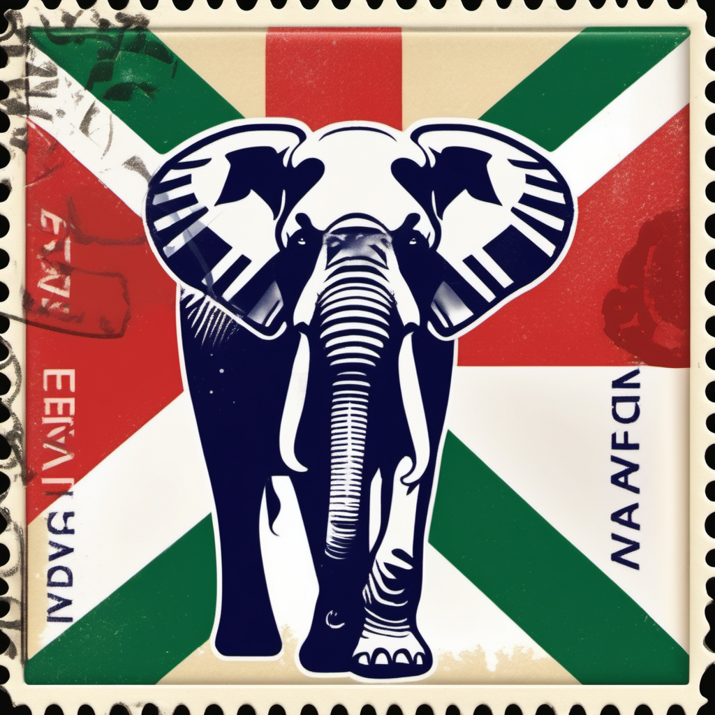 stamp with elephant, kenyan flag colours, abstract, disstressed edges