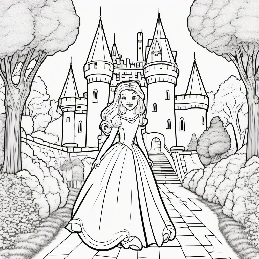 coloring pages for young kids, princess walking through her royal garden outside  a castle,cartoon style, thick lines, low detail, no shading  