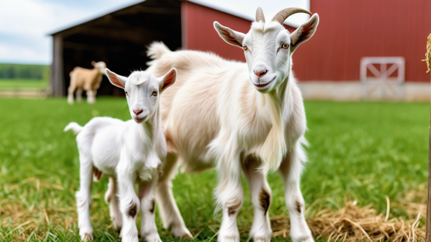 Goat kid with Goat in field, farm barn background, isolated on background