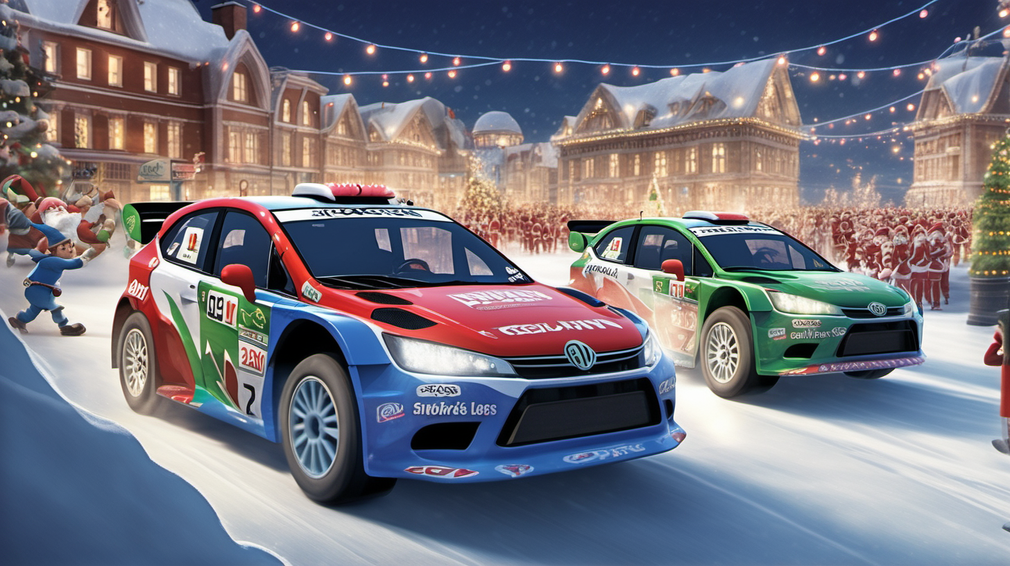 rally cars racing in the North Pole, with christmas lights, while elves cheer them on