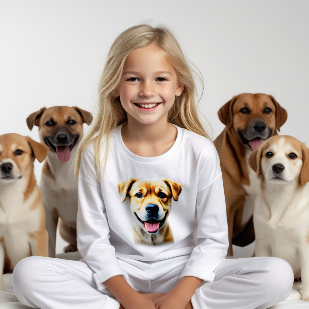 “Perfect Facial Features photo of a blonde smiling 10 year old girl sitting surrounded by dogs, in  white cotton tshirt pyjama (no print, long  tight cuff sleeves, loose long pants) , no background, hyper realistic, ideal face template, HD, happy, Fujifilm X-T3, 1/1250sec at f/2.8, ISO 160, 84mm”