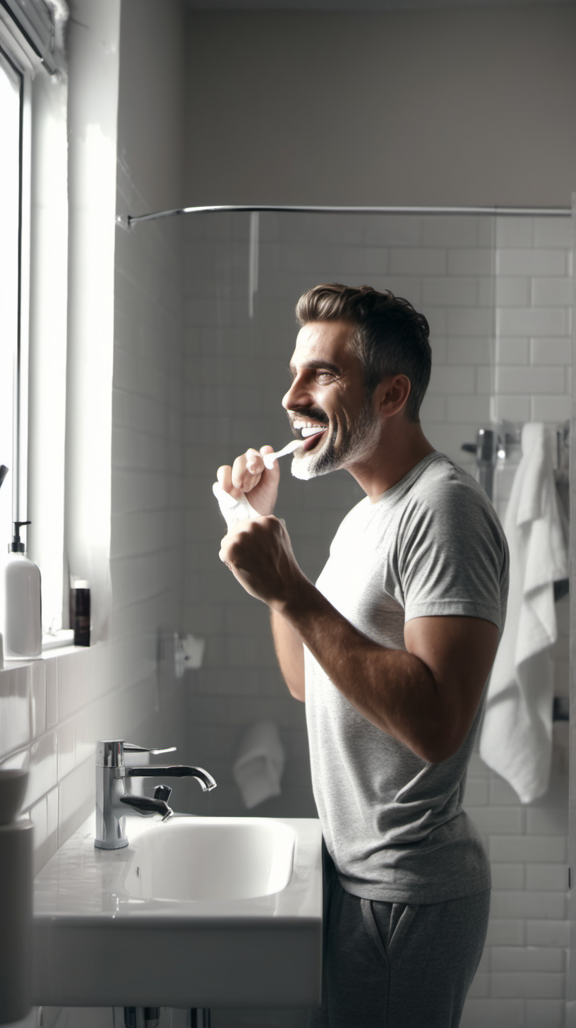 handsome man brushing his teeth in the morning