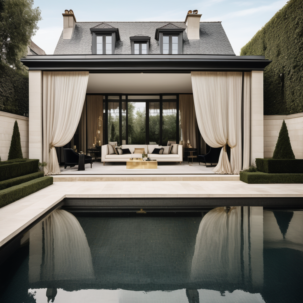 hyperrealistic modern Parisian Cabana with sheer curtains; Limestone pavers;  overlooking the sparklin pool; beige, oak, brass and black colour palette; sprawling lawns

