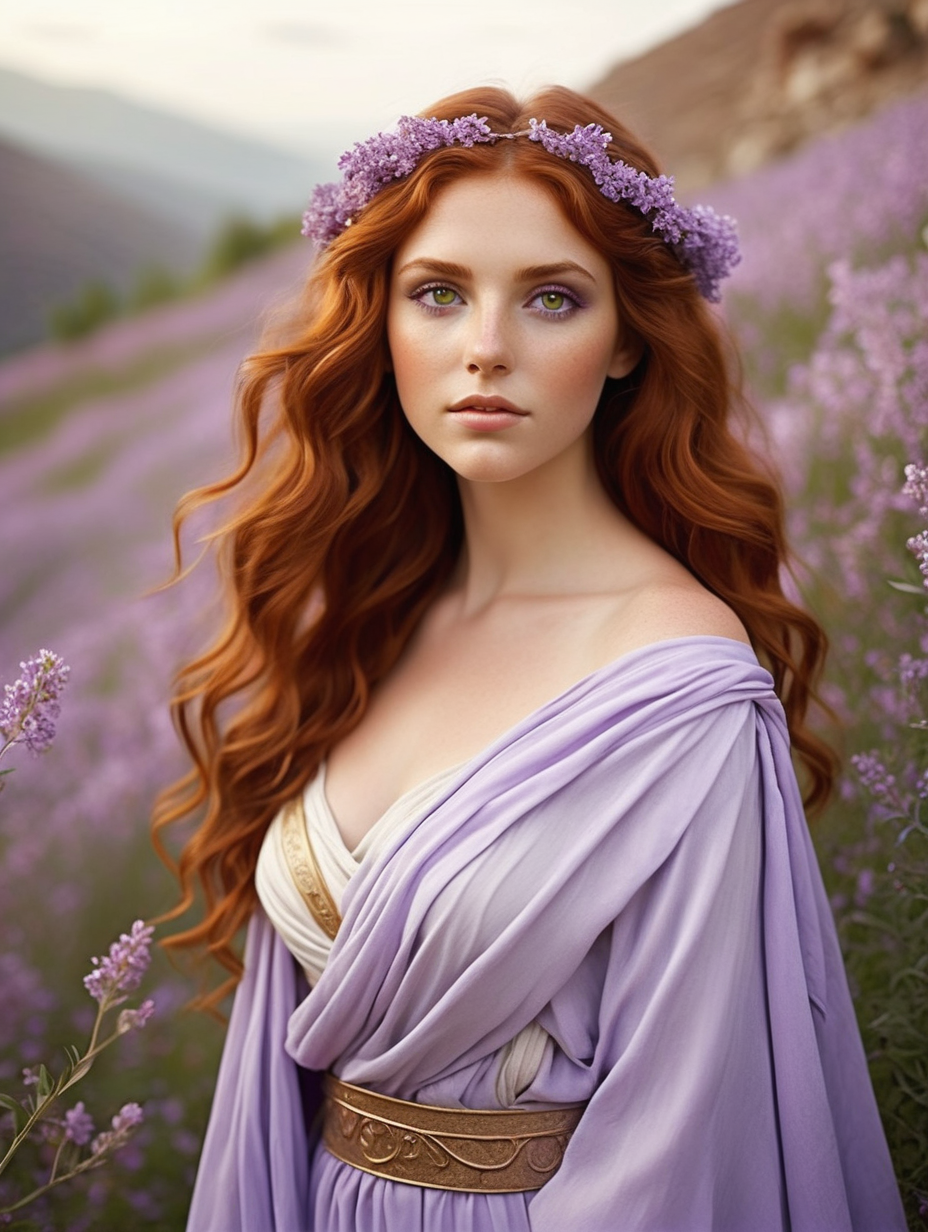 a very beautiful woman
wavy auburn hair
a heart shaped face
olive colored eyes
in a valley of flowers
wearing a sparkly lilac toga
greek goddess 