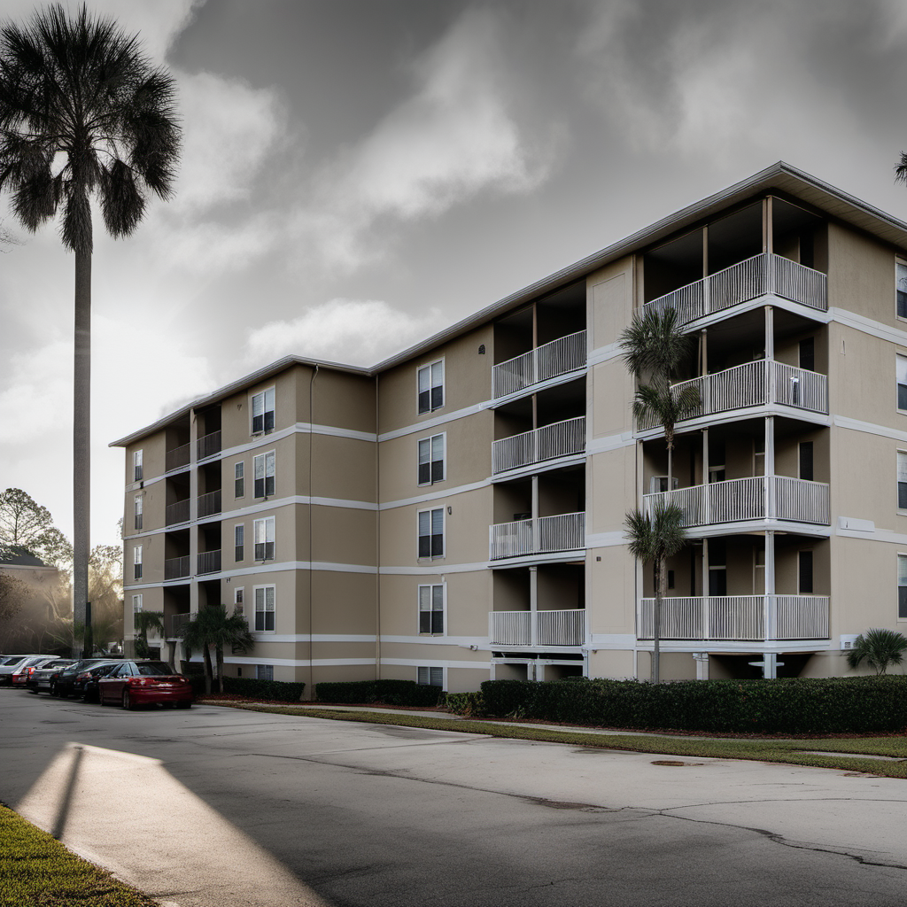 Multifamily apartment building, Leica SL2, City Fog, Crisp Morning Light, Prominent Text Placement, Altamonte Springs, January Schedule.